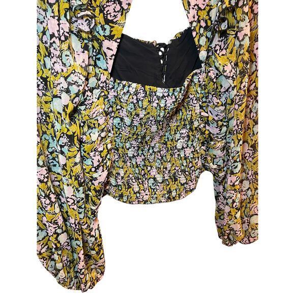 Free People Medium Mabel Balloon Sleeve Ruched Cropped Top Peasant Blouse Floral - Picture 11 of 15